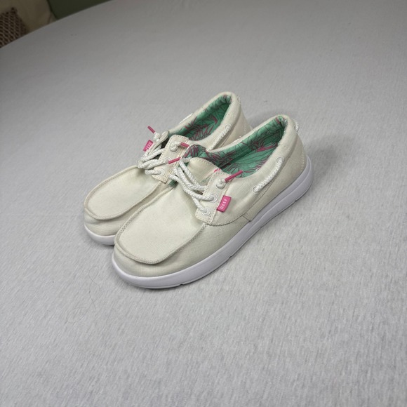 Reef Women's Casual Boat Shoes Cream Canvas Tropical Lining Lace Up Size 7 - Picture 3 of 8